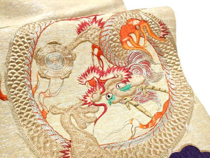 平和屋着物●アンティーク　大正ロマン　丸帯　総刺繍　駒刺繍　雲龍　金銀糸　引き抜き帯　正絹　逸品　CABG8829hy