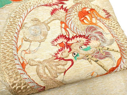 平和屋着物●アンティーク　大正ロマン　丸帯　総刺繍　駒刺繍　雲龍　金銀糸　引き抜き帯　正絹　逸品　CABG8829hy