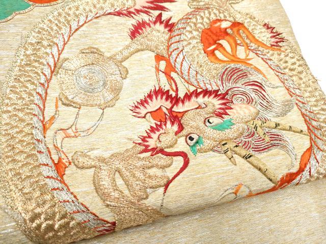 平和屋着物●アンティーク　大正ロマン　丸帯　総刺繍　駒刺繍　雲龍　金銀糸　引き抜き帯　正絹　逸品　CABG8829hy