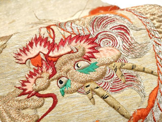 平和屋着物●アンティーク　大正ロマン　丸帯　総刺繍　駒刺繍　雲龍　金銀糸　引き抜き帯　正絹　逸品　CABG8829hy