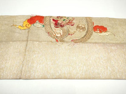 平和屋着物●アンティーク　大正ロマン　丸帯　総刺繍　駒刺繍　雲龍　金銀糸　引き抜き帯　正絹　逸品　CABG8829hy