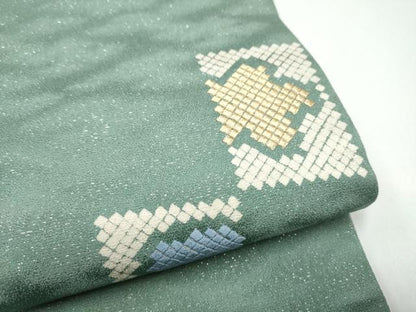平和屋着物●両面　太鼓柄袋帯　市松花文　銀通し地　正絹　逸品　CABG8879hy