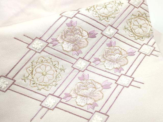 平和屋着物●九寸名古屋帯　総刺繍　駒刺繍　菱天井花文　銀通し地　正絹　逸品　CABG8903hy