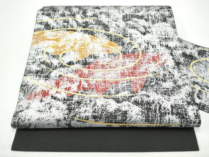 平和屋着物●塩瀬　九寸名古屋帯　駒刺繍　流水文　黒地　金銀彩　正絹　逸品　CABG8915hy