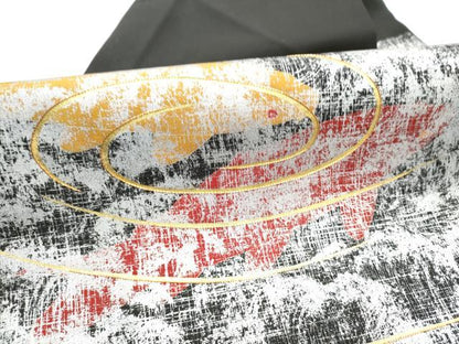 平和屋着物●塩瀬　九寸名古屋帯　駒刺繍　流水文　黒地　金銀彩　正絹　逸品　CABG8915hy
