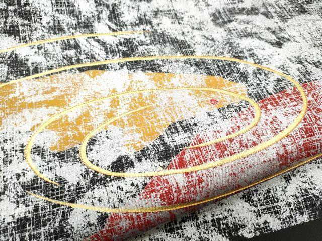 平和屋着物●塩瀬　九寸名古屋帯　駒刺繍　流水文　黒地　金銀彩　正絹　逸品　CABG8915hy