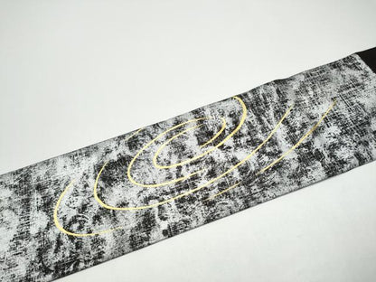 平和屋着物●塩瀬　九寸名古屋帯　駒刺繍　流水文　黒地　金銀彩　正絹　逸品　CABG8915hy