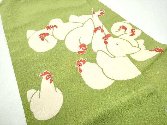 平和屋着物●九寸名古屋帯　型染め　にわとり　鬼しぼ縮緬　正絹　逸品　CABG8918hy