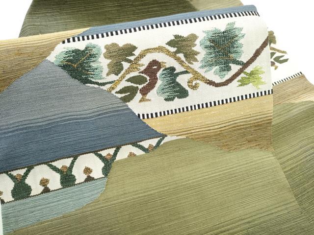 平和屋着物●九寸名古屋帯　すくい織　唐草鳥文　正絹　逸品　CABG8922hy