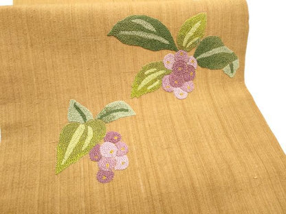 平和屋着物●中国三大刺繍　総相良刺繍　九寸開き名古屋帯　紬地　葡萄　正絹　逸品　CABG8927hy