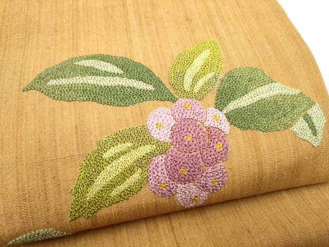 平和屋着物●中国三大刺繍　総相良刺繍　九寸開き名古屋帯　紬地　葡萄　正絹　逸品　CABG8927hy