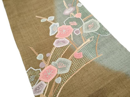 平和屋着物●中国三大刺繍　スワトウ・相良刺繍　総刺繍　太鼓柄袋帯　紬地　枝梅文　正絹　逸品　CABG9010hy