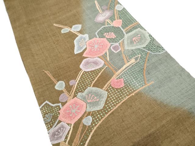平和屋着物●中国三大刺繍　スワトウ・相良刺繍　総刺繍　太鼓柄袋帯　紬地　枝梅文　正絹　逸品　CABG9010hy