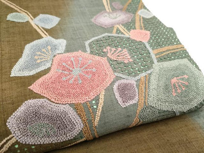 平和屋着物●中国三大刺繍　スワトウ・相良刺繍　総刺繍　太鼓柄袋帯　紬地　枝梅文　正絹　逸品　CABG9010hy
