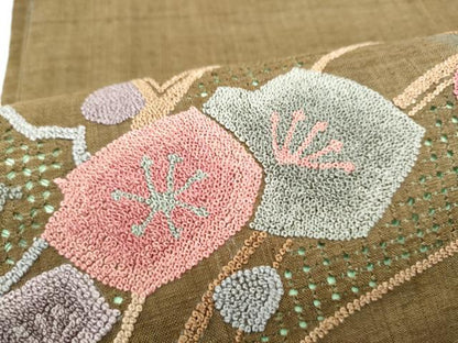 平和屋着物●中国三大刺繍　スワトウ・相良刺繍　総刺繍　太鼓柄袋帯　紬地　枝梅文　正絹　逸品　CABG9010hy
