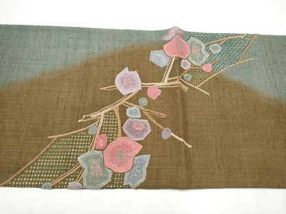 平和屋着物●中国三大刺繍　スワトウ・相良刺繍　総刺繍　太鼓柄袋帯　紬地　枝梅文　正絹　逸品　CABG9010hy