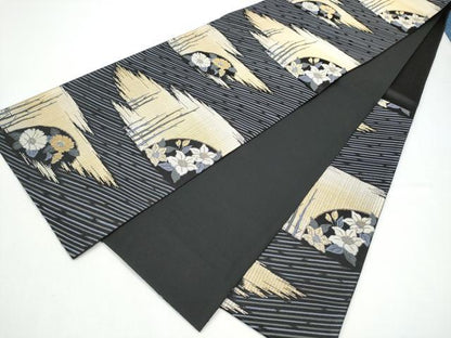 平和屋着物●六通柄袋帯　草花文　黒地　金糸　正絹　逸品　CABG9016hy