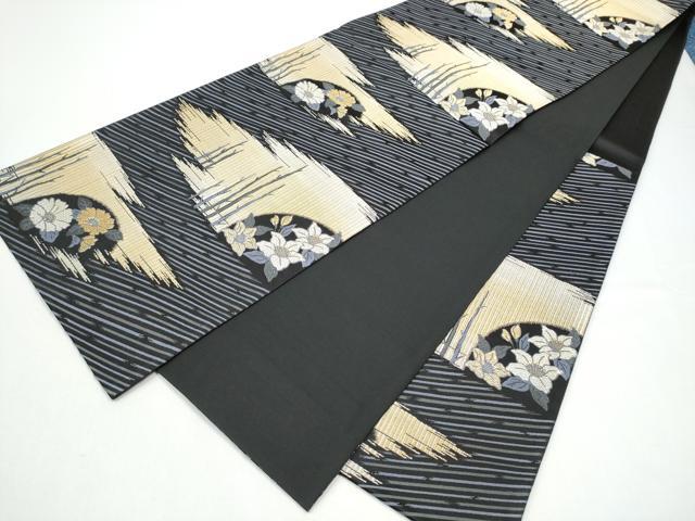 平和屋着物●六通柄袋帯　草花文　黒地　金糸　正絹　逸品　CABG9016hy