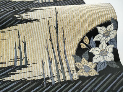 平和屋着物●六通柄袋帯　草花文　黒地　金糸　正絹　逸品　CABG9016hy