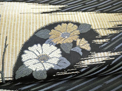 平和屋着物●六通柄袋帯　草花文　黒地　金糸　正絹　逸品　CABG9016hy