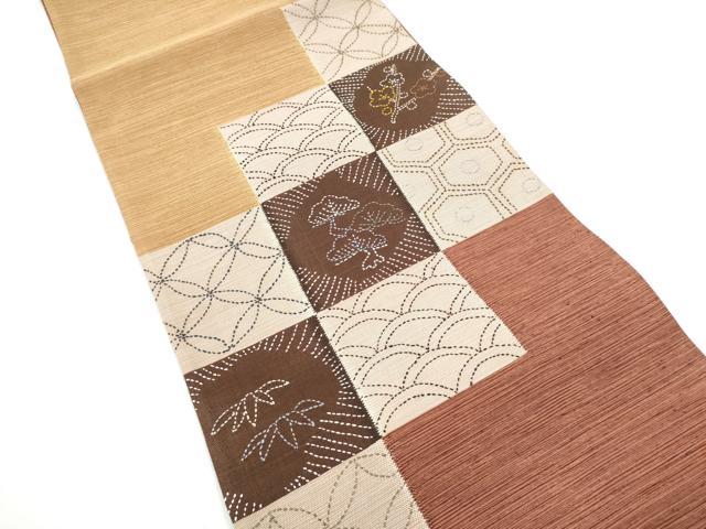 平和屋着物●太鼓柄袋帯　紬地　刺し子　市松松竹梅　正絹　逸品　CABG9029hy