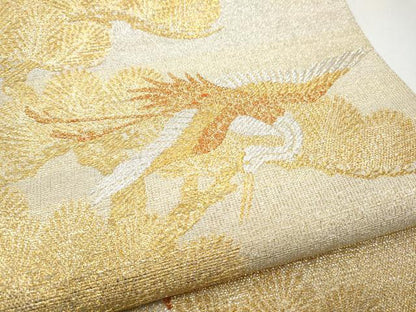 平和屋着物●桝屋高尾　(ねん金綴錦)　六通柄袋帯　蒔絵松鶴文　金銀糸　正絹　逸品　CABG9031hy