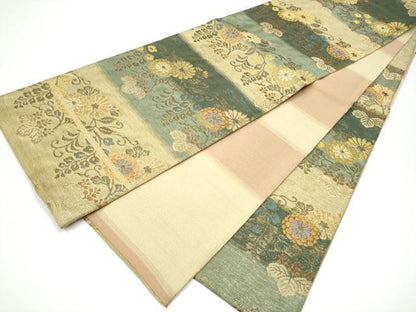 平和屋着物▽六通柄袋帯　スリーシーズン　春夏秋　菊唐草文　金糸　正絹　逸品　CABG9045hy