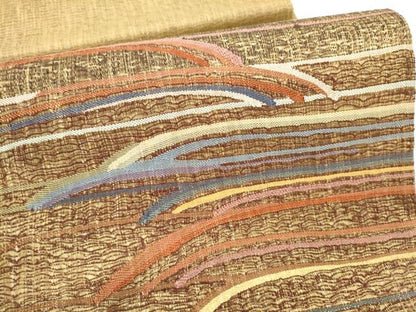 平和屋着物▽太鼓柄袋帯　スリーシーズン　春夏秋　すくい織　芝草文　金糸　正絹　逸品　CABG9050hy
