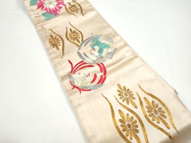 平和屋着物●アンティーク　大正ロマン　半幅帯　総手刺繍　駒刺繍　立涌花鳥文　正絹　逸品　CABG9070hy