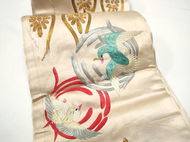 平和屋着物●アンティーク　大正ロマン　半幅帯　総手刺繍　駒刺繍　立涌花鳥文　正絹　逸品　CABG9070hy