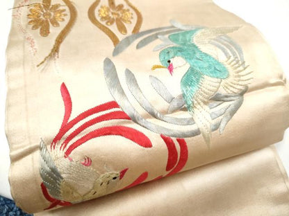 平和屋着物●アンティーク　大正ロマン　半幅帯　総手刺繍　駒刺繍　立涌花鳥文　正絹　逸品　CABG9070hy