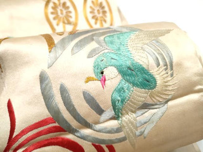 平和屋着物●アンティーク　大正ロマン　半幅帯　総手刺繍　駒刺繍　立涌花鳥文　正絹　逸品　CABG9070hy