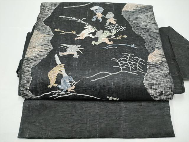 平和屋着物▽つけ帯　スリーシーズン　春夏秋　ぜんまい紬　すくい織　鳥獣戯画　正絹　逸品　CABG9094hy
