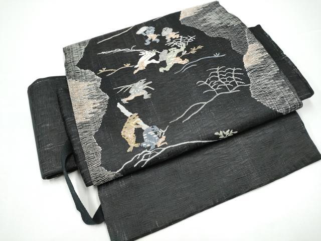 平和屋着物▽つけ帯　スリーシーズン　春夏秋　ぜんまい紬　すくい織　鳥獣戯画　正絹　逸品　CABG9094hy