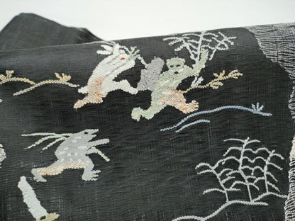 平和屋着物▽つけ帯　スリーシーズン　春夏秋　ぜんまい紬　すくい織　鳥獣戯画　正絹　逸品　CABG9094hy