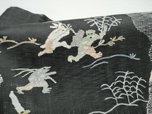 平和屋着物▽つけ帯　スリーシーズン　春夏秋　ぜんまい紬　すくい織　鳥獣戯画　正絹　逸品　CABG9094hy