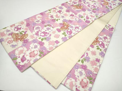 平和屋着物●六通柄袋帯　市松花蝶文　金糸　正絹　逸品　CABG9106hy