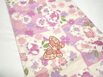 平和屋着物●六通柄袋帯　市松花蝶文　金糸　正絹　逸品　CABG9106hy