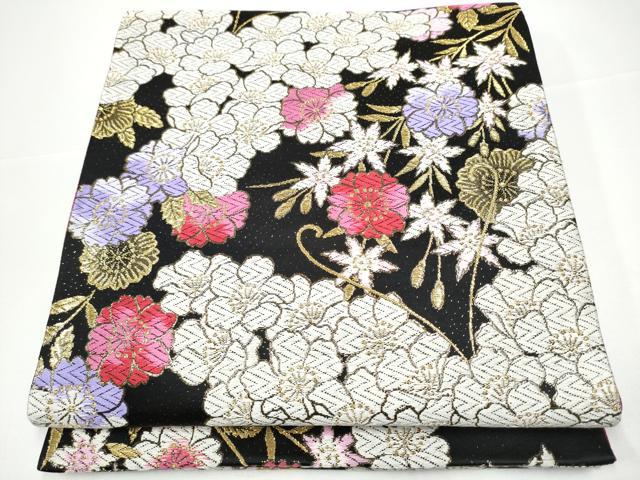 平和屋着物●六通柄袋帯　唐織　舞花文　黒地　金糸　正絹　逸品　CABG9107hy