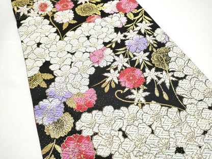 平和屋着物●六通柄袋帯　唐織　舞花文　黒地　金糸　正絹　逸品　CABG9107hy