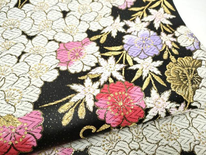 平和屋着物●六通柄袋帯　唐織　舞花文　黒地　金糸　正絹　逸品　CABG9107hy