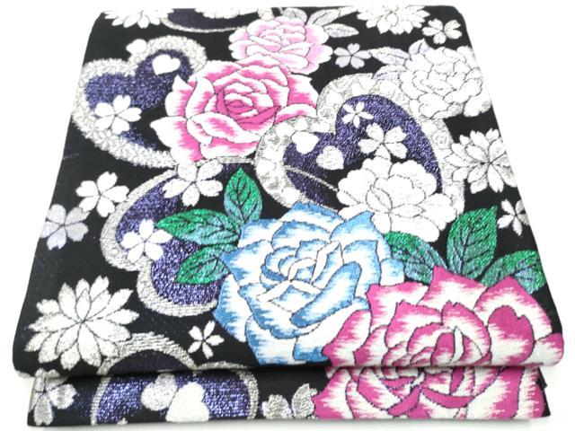 平和屋着物●六通柄袋帯　舞花文　黒地　銀糸　正絹　逸品　CABG9110hy