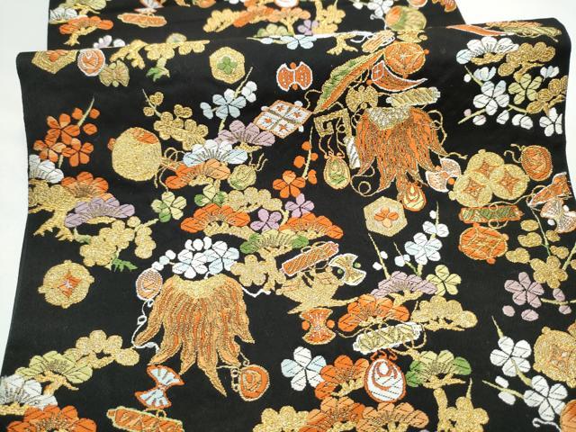 平和屋着物●西陣　服部織物謹製　六通柄袋帯　唐織　慶長小袖文様　黒地　金糸　正絹　逸品　CABG9115hy
