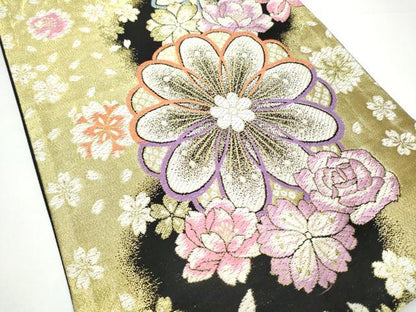 平和屋着物●六通柄袋帯　舞花文　黒地　金糸　正絹　逸品　CABG9128hy