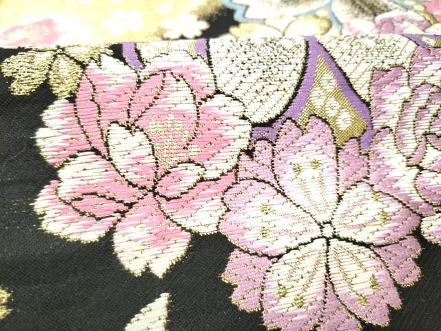 平和屋着物●六通柄袋帯　舞花文　黒地　金糸　正絹　逸品　CABG9128hy