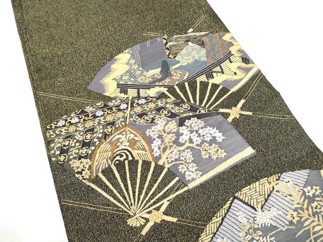 平和屋着物●爪掻き本綴れ　六通柄袋帯　扇面人物風景文　金糸　正絹　逸品　CABG9140hy