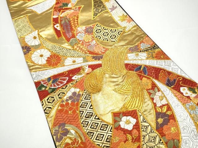 平和屋着物●唐織・西陣の老舗・名門・藤原織物　六通柄袋帯　束ね熨斗花蝶文　本金箔　正絹　逸品　CABG9143hy