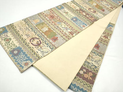平和屋着物●六通柄袋帯　横段花鳥文　里村紹巴　正絹　逸品　CABG9153hy