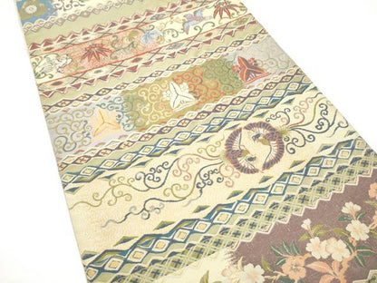 平和屋着物●六通柄袋帯　横段花鳥文　里村紹巴　正絹　逸品　CABG9153hy
