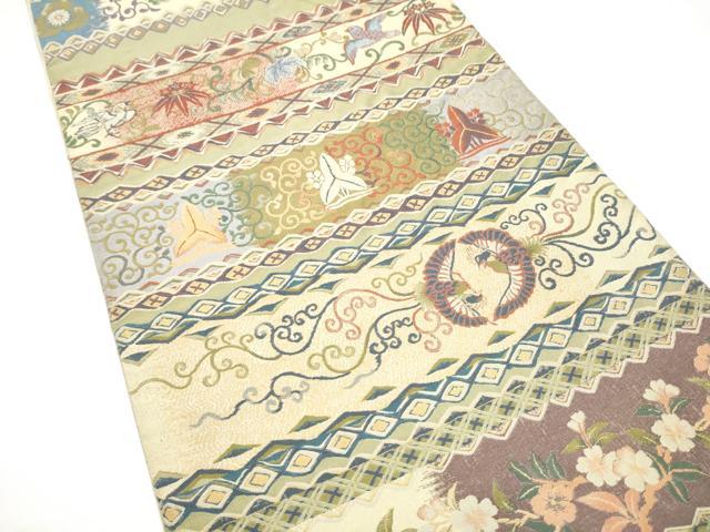 平和屋着物●六通柄袋帯　横段花鳥文　里村紹巴　正絹　逸品　CABG9153hy